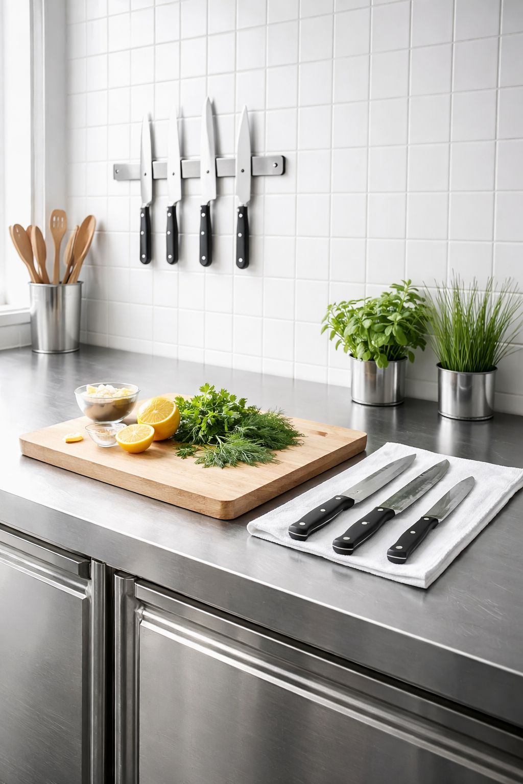 Hazırlık mutfağında sade bir çalışma tezgâhı