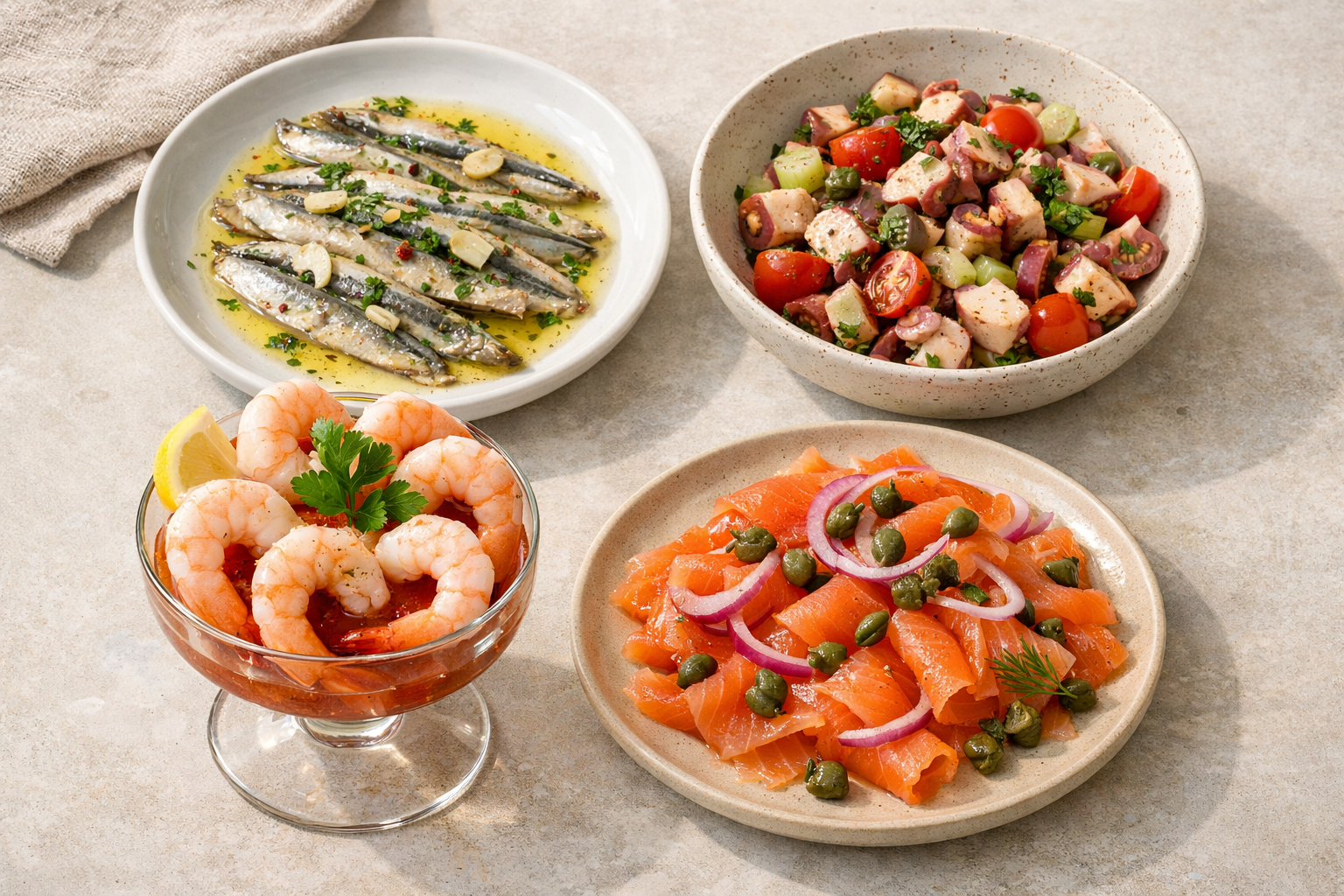 Seramik tabaklarda mevsimlik soğuk deniz ürünleri seçkisi