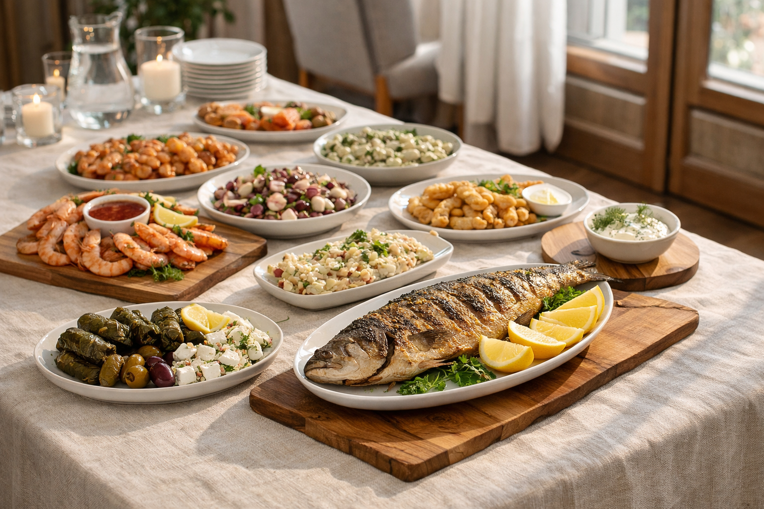 Açık renk keten örtü üzerine kurulmuş sade bir deniz sofrası